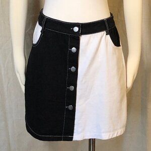 Shein Black White Button Front Denim Skirt L